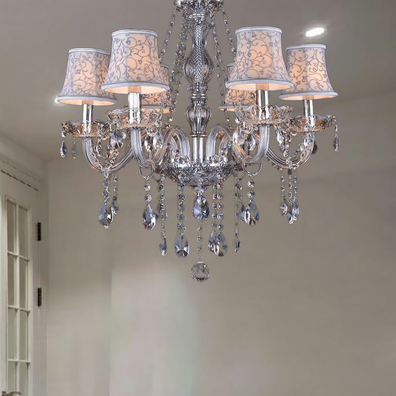 Modernist Bell Ceiling Chandelier Clear Crystal 6/8 Bulbs Living Room Pendant Lamp in Beige, 23"/28" W Clearhalo 'Ceiling Lights' 'Chandeliers' 'Modern Chandeliers' 'Modern' Lighting' 280079