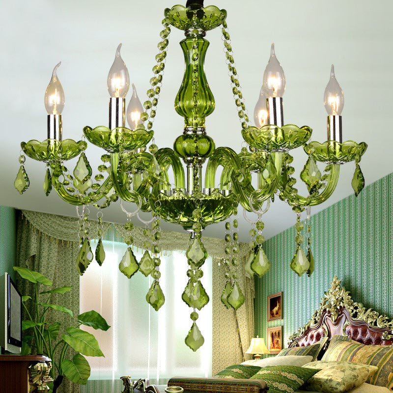 Crystal Candle Chandelier Lighting Modern 6/18 Lights Green Hanging Pendant for Bedroom, 23"/37.5" W Green 37.5" Clearhalo 'Ceiling Lights' 'Chandeliers' 'Modern Chandeliers' 'Modern' Lighting' 280123