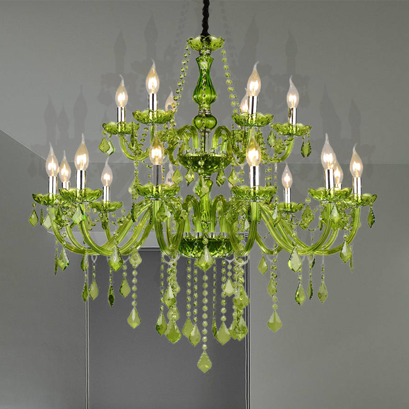 Crystal Candle Chandelier Lighting Modern 6/18 Lights Green Hanging Pendant for Bedroom, 23"/37.5" W Clearhalo 'Ceiling Lights' 'Chandeliers' 'Modern Chandeliers' 'Modern' Lighting' 280124