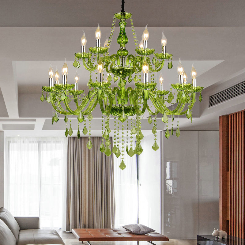Crystal Candle Chandelier Lighting Modern 6/18 Lights Green Hanging Pendant for Bedroom, 23"/37.5" W Clearhalo 'Ceiling Lights' 'Chandeliers' 'Modern Chandeliers' 'Modern' Lighting' 280125