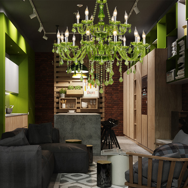 Crystal Candle Chandelier Lighting Modern 6/18 Lights Green Hanging Pendant for Bedroom, 23"/37.5" W Clearhalo 'Ceiling Lights' 'Chandeliers' 'Modern Chandeliers' 'Modern' Lighting' 280126