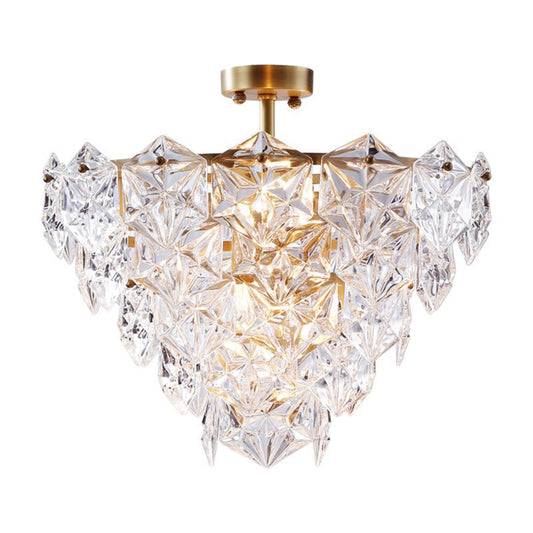 9 Heads Suspension Light Traditional Tapered Hexagon Glass Chandelier Lighting Fixture in Gold Clearhalo 'Ceiling Lights' 'Close To Ceiling Lights' 'Close to ceiling' 'Semi-flushmount' Lighting' 280249