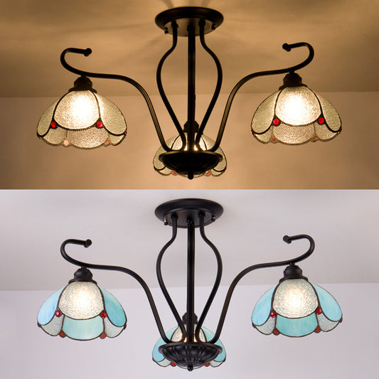3 Heads Scalloped Semi Flush Mount Traditional Tiffany Stained Glass Semi Flush Light in Clear/Blue Clearhalo 'Ceiling Lights' 'Close To Ceiling Lights' 'Close to ceiling' 'Glass shade' 'Glass' 'Semi-flushmount' 'Tiffany close to ceiling' 'Tiffany' Lighting' 28024