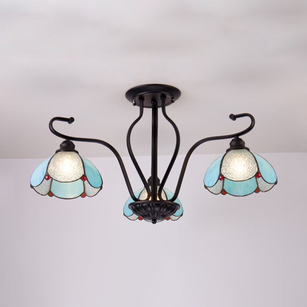 3 Heads Scalloped Semi Flush Mount Traditional Tiffany Stained Glass Semi Flush Light in Clear/Blue Clearhalo 'Ceiling Lights' 'Close To Ceiling Lights' 'Close to ceiling' 'Glass shade' 'Glass' 'Semi-flushmount' 'Tiffany close to ceiling' 'Tiffany' Lighting' 28025