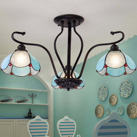 3 Heads Scalloped Semi Flush Mount Traditional Tiffany Stained Glass Semi Flush Light in Clear/Blue Blue Clearhalo 'Ceiling Lights' 'Close To Ceiling Lights' 'Close to ceiling' 'Glass shade' 'Glass' 'Semi-flushmount' 'Tiffany close to ceiling' 'Tiffany' Lighting' 28026