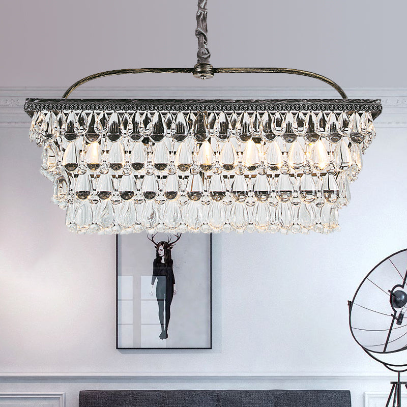 Silver Rectangle Hanging Ceiling Light Modernism Teardrop Crystal 4/6 Heads Living Room Island Light Clearhalo 'Ceiling Lights' 'Island Lights' Lighting' 280343