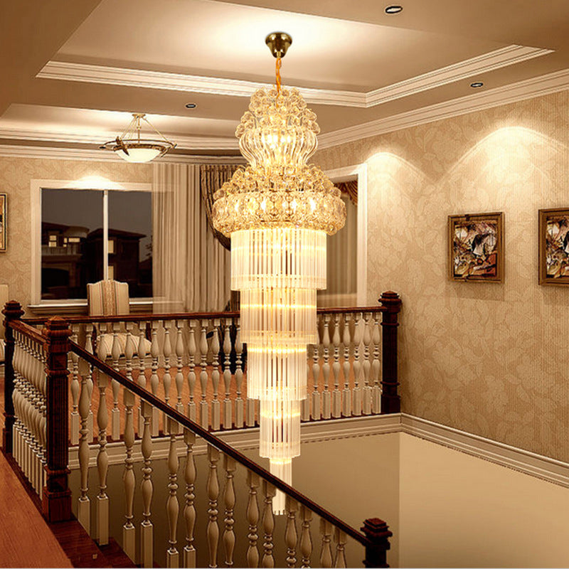 Cone Stairway Chandelier Pendant Light Simple Clear Crystal Rod 12 Heads Gold Suspension Lamp Clearhalo 'Ceiling Lights' 'Chandeliers' Lighting' options 280383