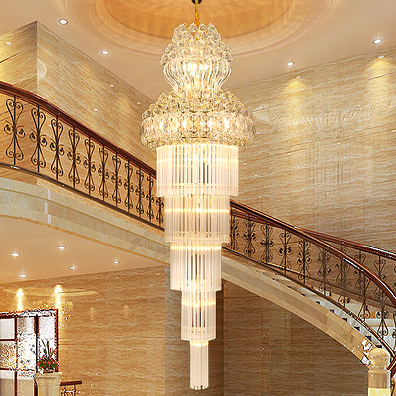 Cone Stairway Chandelier Pendant Light Simple Clear Crystal Rod 12 Heads Gold Suspension Lamp Clearhalo 'Ceiling Lights' 'Chandeliers' Lighting' options 280384
