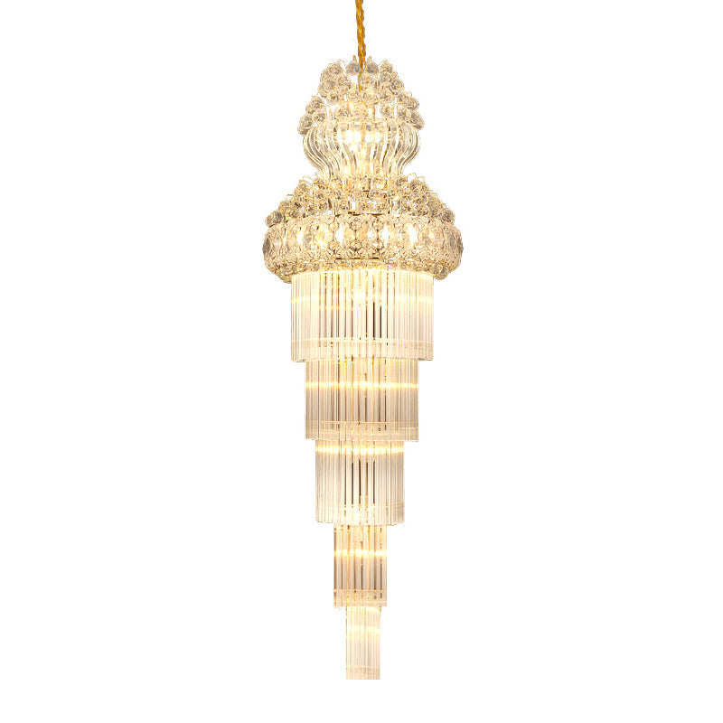 Cone Stairway Chandelier Pendant Light Simple Clear Crystal Rod 12 Heads Gold Suspension Lamp Clearhalo 'Ceiling Lights' 'Chandeliers' Lighting' options 280386
