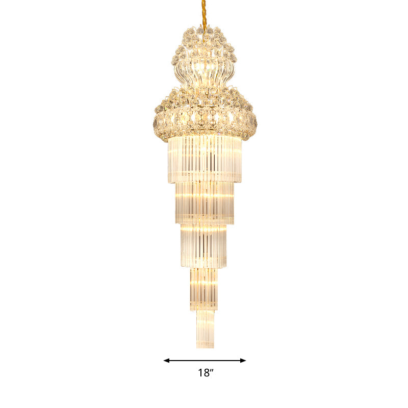Cone Stairway Chandelier Pendant Light Simple Clear Crystal Rod 12 Heads Gold Suspension Lamp Clearhalo 'Ceiling Lights' 'Chandeliers' Lighting' options 280387