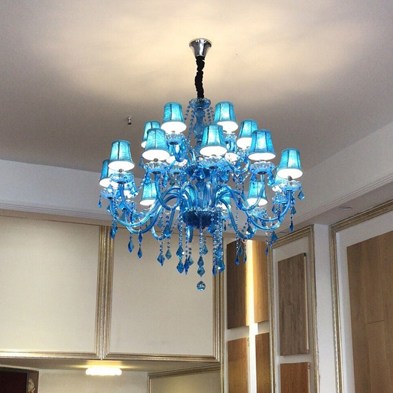 Candle/Bell Crystal Pendant Chandelier Modernism 6/18 Bulbs Blue Hanging Light with Shade/Shadeless, 23.5"/37.5" W Blue 37.5" With Shade Clearhalo 'Ceiling Lights' 'Chandeliers' 'Modern Chandeliers' 'Modern' Lighting' 280414