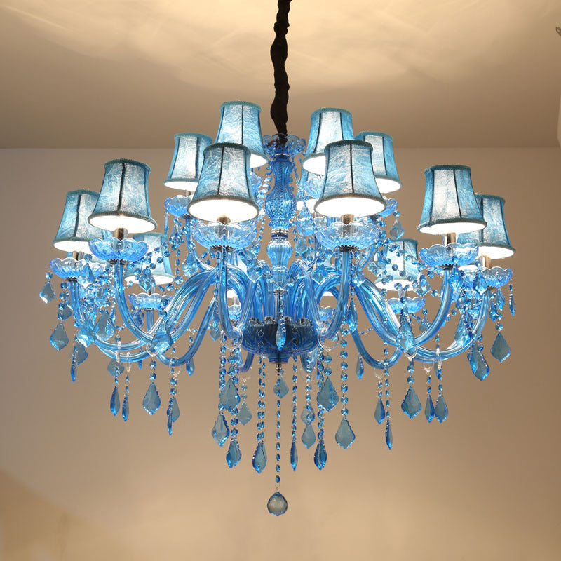 Candle/Bell Crystal Pendant Chandelier Modernism 6/18 Bulbs Blue Hanging Light with Shade/Shadeless, 23.5"/37.5" W Clearhalo 'Ceiling Lights' 'Chandeliers' 'Modern Chandeliers' 'Modern' Lighting' 280415