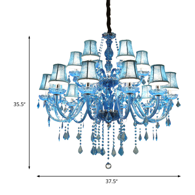 Candle/Bell Crystal Pendant Chandelier Modernism 6/18 Bulbs Blue Hanging Light with Shade/Shadeless, 23.5"/37.5" W Clearhalo 'Ceiling Lights' 'Chandeliers' 'Modern Chandeliers' 'Modern' Lighting' 280418