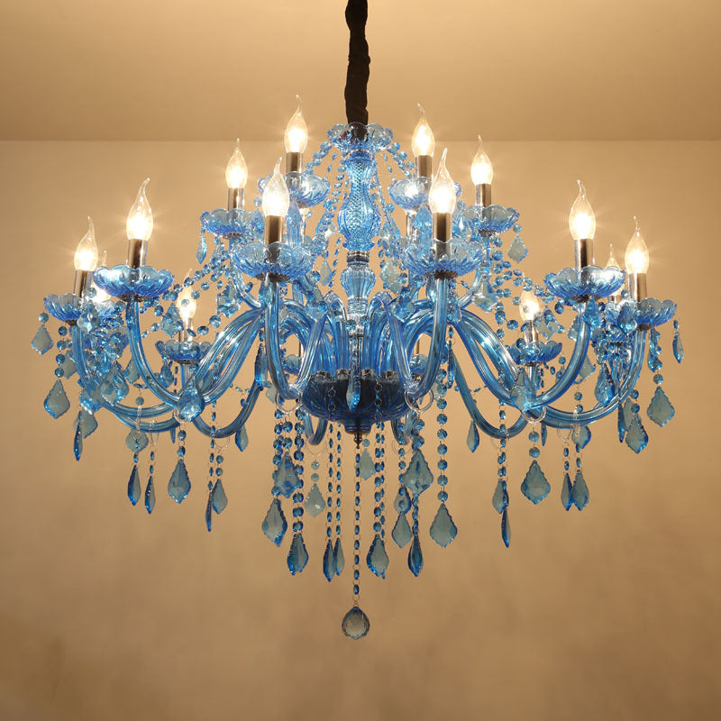 Candle/Bell Crystal Pendant Chandelier Modernism 6/18 Bulbs Blue Hanging Light with Shade/Shadeless, 23.5"/37.5" W Blue 37.5" Shadeless Clearhalo 'Ceiling Lights' 'Chandeliers' 'Modern Chandeliers' 'Modern' Lighting' 280420