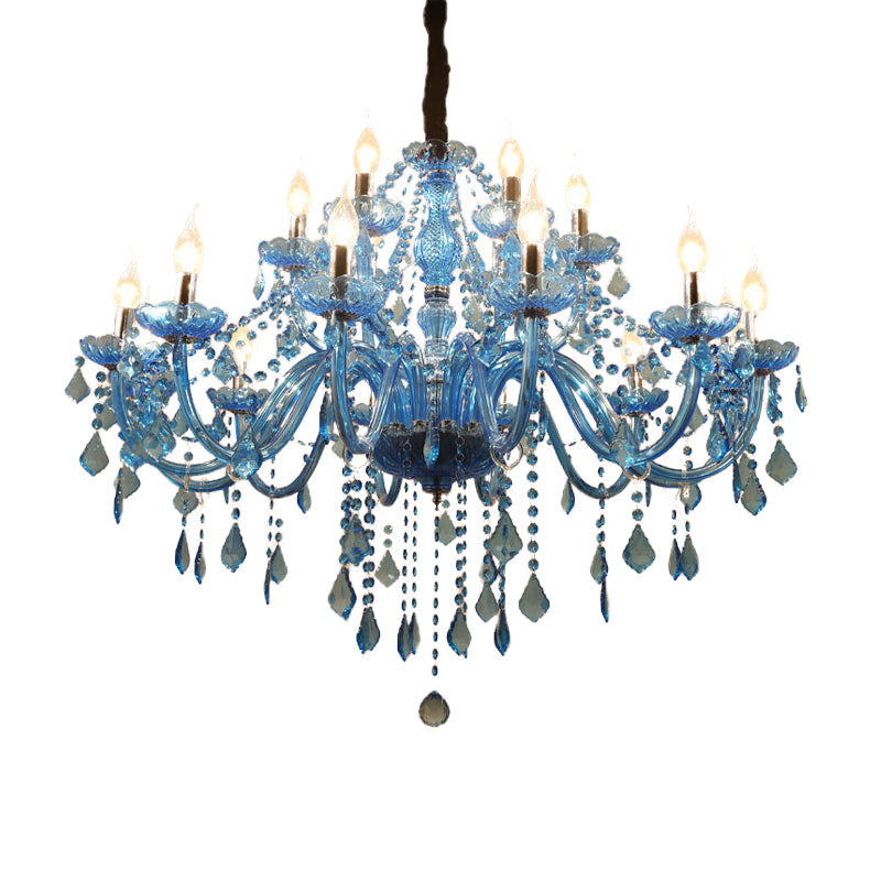 Candle/Bell Crystal Pendant Chandelier Modernism 6/18 Bulbs Blue Hanging Light with Shade/Shadeless, 23.5"/37.5" W Clearhalo 'Ceiling Lights' 'Chandeliers' 'Modern Chandeliers' 'Modern' Lighting' 280422
