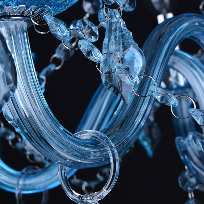 Candle/Bell Crystal Pendant Chandelier Modernism 6/18 Bulbs Blue Hanging Light with Shade/Shadeless, 23.5"/37.5" W Clearhalo 'Ceiling Lights' 'Chandeliers' 'Modern Chandeliers' 'Modern' Lighting' 280424