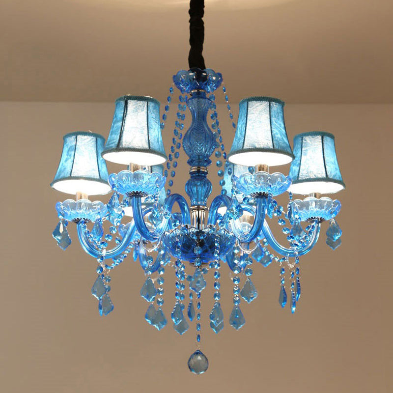 Candle/Bell Crystal Pendant Chandelier Modernism 6/18 Bulbs Blue Hanging Light with Shade/Shadeless, 23.5"/37.5" W Blue 23.5" With Shade Clearhalo 'Ceiling Lights' 'Chandeliers' 'Modern Chandeliers' 'Modern' Lighting' 280425