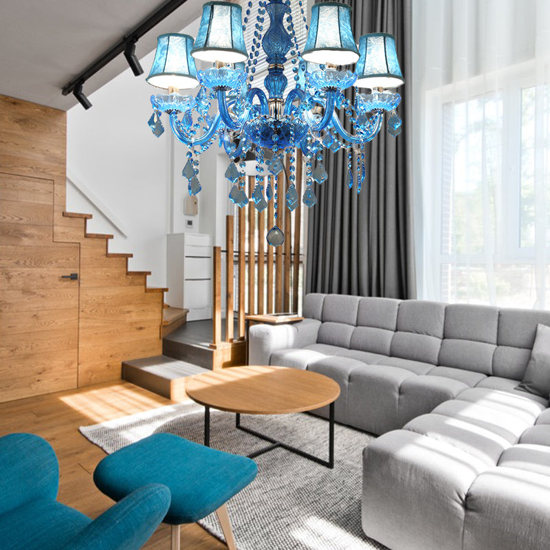 Candle/Bell Crystal Pendant Chandelier Modernism 6/18 Bulbs Blue Hanging Light with Shade/Shadeless, 23.5"/37.5" W Clearhalo 'Ceiling Lights' 'Chandeliers' 'Modern Chandeliers' 'Modern' Lighting' 280426