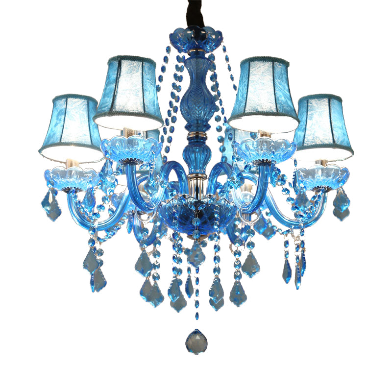 Candle/Bell Crystal Pendant Chandelier Modernism 6/18 Bulbs Blue Hanging Light with Shade/Shadeless, 23.5"/37.5" W Clearhalo 'Ceiling Lights' 'Chandeliers' 'Modern Chandeliers' 'Modern' Lighting' 280427