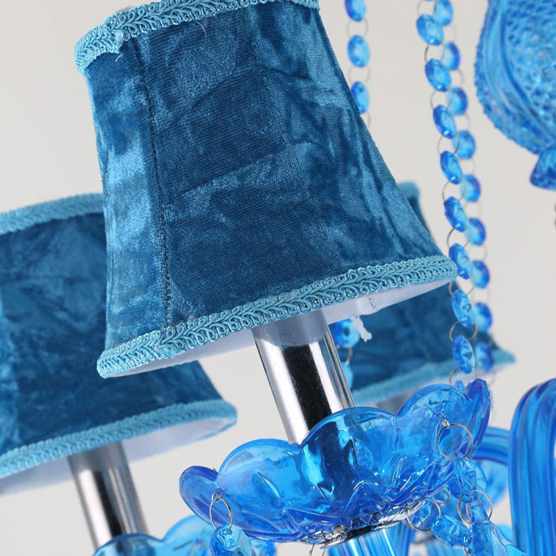 Candle/Bell Crystal Pendant Chandelier Modernism 6/18 Bulbs Blue Hanging Light with Shade/Shadeless, 23.5"/37.5" W Clearhalo 'Ceiling Lights' 'Chandeliers' 'Modern Chandeliers' 'Modern' Lighting' 280429
