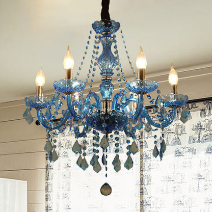 Candle/Bell Crystal Pendant Chandelier Modernism 6/18 Bulbs Blue Hanging Light with Shade/Shadeless, 23.5"/37.5" W Blue 23.5" Shadeless Clearhalo 'Ceiling Lights' 'Chandeliers' 'Modern Chandeliers' 'Modern' Lighting' 280430