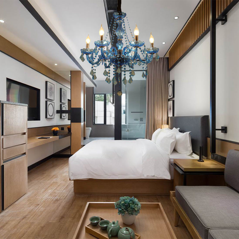 Candle/Bell Crystal Pendant Chandelier Modernism 6/18 Bulbs Blue Hanging Light with Shade/Shadeless, 23.5"/37.5" W Clearhalo 'Ceiling Lights' 'Chandeliers' 'Modern Chandeliers' 'Modern' Lighting' 280431