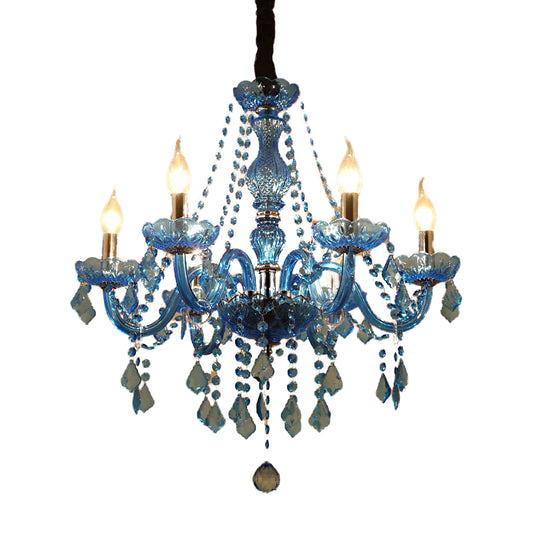 Candle/Bell Crystal Pendant Chandelier Modernism 6/18 Bulbs Blue Hanging Light with Shade/Shadeless, 23.5"/37.5" W Clearhalo 'Ceiling Lights' 'Chandeliers' 'Modern Chandeliers' 'Modern' Lighting' 280432