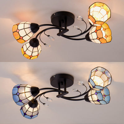4/6/8 Lights Stained Glass Bell Semi Flushmount with Crystal Decoration and Leaf/Blue Square/Sky Blue Square/Yellow Square Pattern Rustic Semi Flush Light in Black Clearhalo 'Ceiling Lights' 'Close To Ceiling Lights' 'Close to ceiling' 'Glass shade' 'Glass' 'Semi-flushmount' 'Tiffany close to ceiling' 'Tiffany' Lighting' 28044