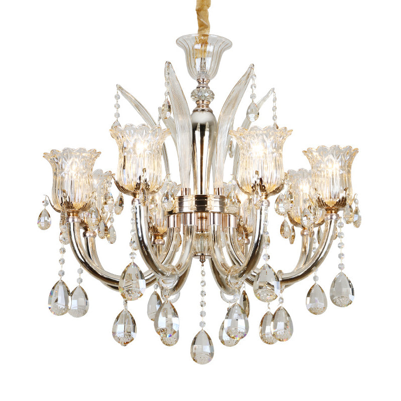 6/8-Bulb Living Room Chandelier Light Modern Amber Pendant Lighting Fixture with Floral Clear Glass Shade, 23.5"/27.5" W Clearhalo 'Ceiling Lights' 'Chandeliers' 'Modern Chandeliers' 'Modern' Lighting' 280466
