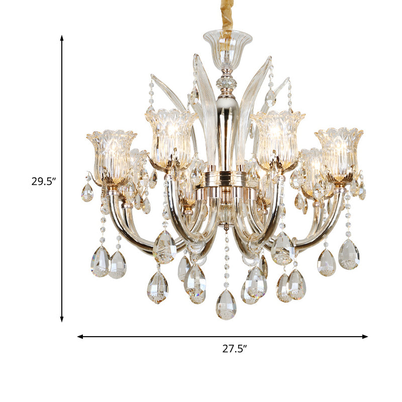 6/8-Bulb Living Room Chandelier Light Modern Amber Pendant Lighting Fixture with Floral Clear Glass Shade, 23.5"/27.5" W Clearhalo 'Ceiling Lights' 'Chandeliers' 'Modern Chandeliers' 'Modern' Lighting' 280467