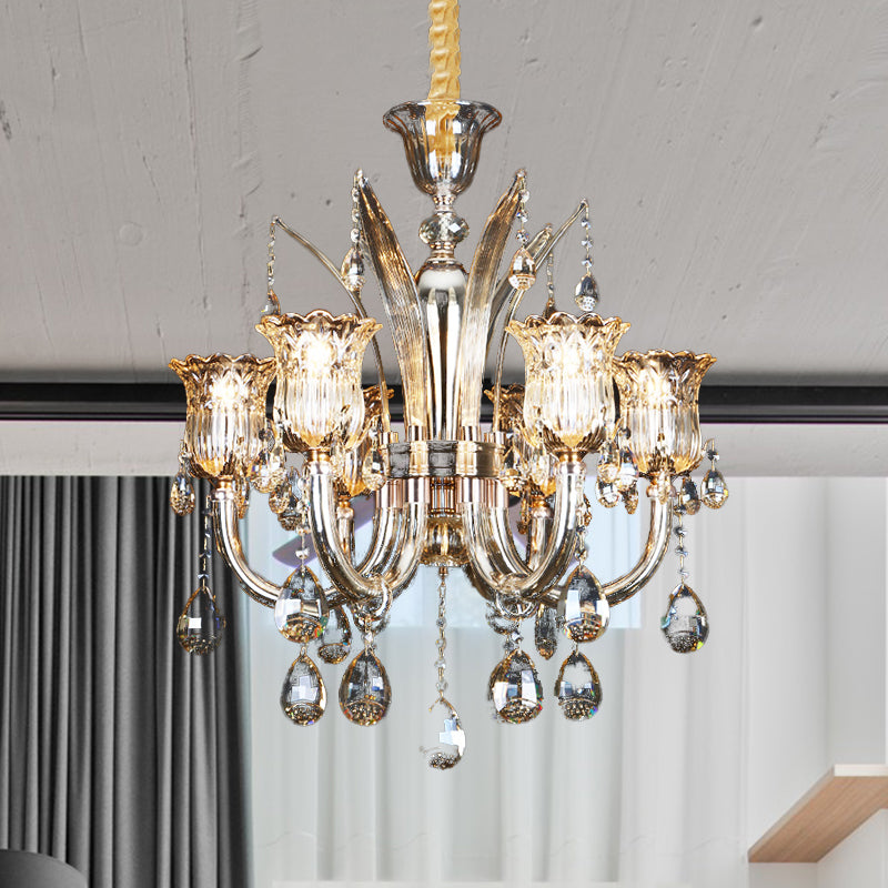 6/8-Bulb Living Room Chandelier Light Modern Amber Pendant Lighting Fixture with Floral Clear Glass Shade, 23.5"/27.5" W Amber 23.5" Clearhalo 'Ceiling Lights' 'Chandeliers' 'Modern Chandeliers' 'Modern' Lighting' 280468