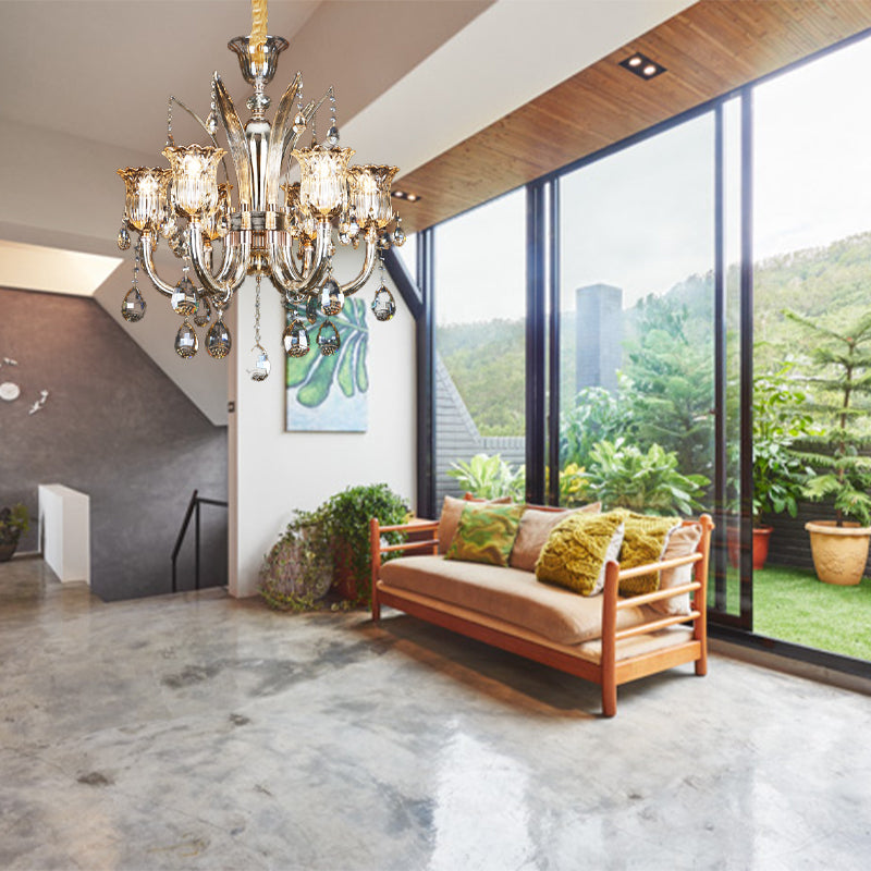 6/8-Bulb Living Room Chandelier Light Modern Amber Pendant Lighting Fixture with Floral Clear Glass Shade, 23.5"/27.5" W Clearhalo 'Ceiling Lights' 'Chandeliers' 'Modern Chandeliers' 'Modern' Lighting' 280469