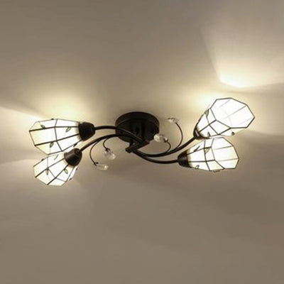 4/6/8 Lights Stained Glass Bell Semi Flushmount with Crystal Decoration and Leaf/Blue Square/Sky Blue Square/Yellow Square Pattern Rustic Semi Flush Light in Black 4 Black Leaf Clearhalo 'Ceiling Lights' 'Close To Ceiling Lights' 'Close to ceiling' 'Glass shade' 'Glass' 'Semi-flushmount' 'Tiffany close to ceiling' 'Tiffany' Lighting' 28047