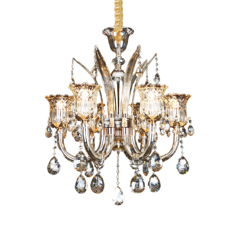 6/8-Bulb Living Room Chandelier Light Modern Amber Pendant Lighting Fixture with Floral Clear Glass Shade, 23.5"/27.5" W Clearhalo 'Ceiling Lights' 'Chandeliers' 'Modern Chandeliers' 'Modern' Lighting' 280470