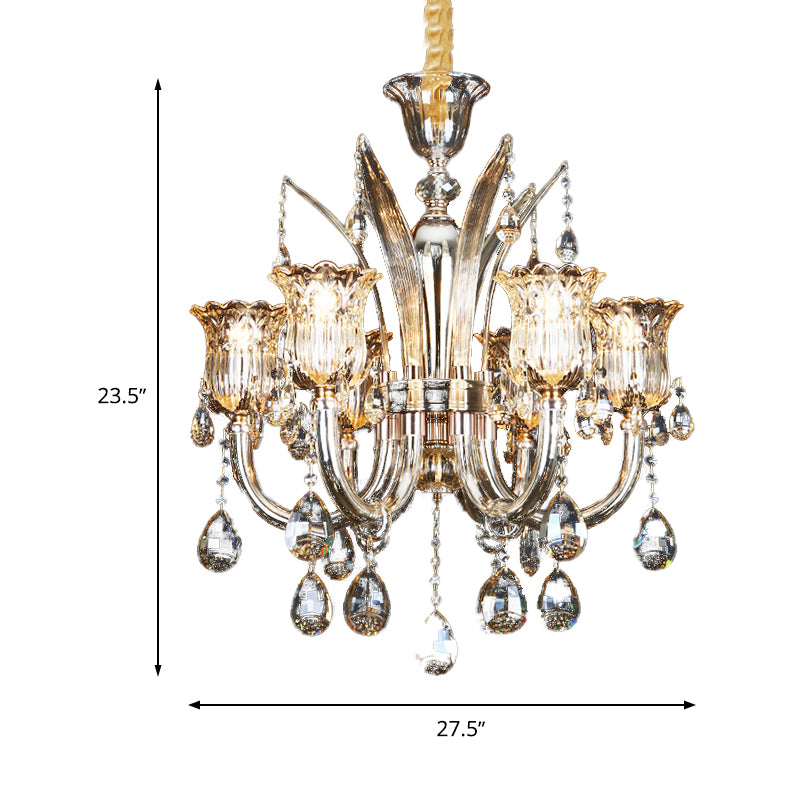 6/8-Bulb Living Room Chandelier Light Modern Amber Pendant Lighting Fixture with Floral Clear Glass Shade, 23.5"/27.5" W Clearhalo 'Ceiling Lights' 'Chandeliers' 'Modern Chandeliers' 'Modern' Lighting' 280471