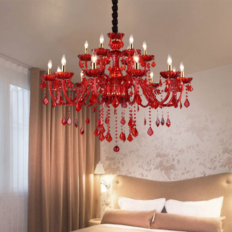 Crystal Candle/Bell Chandelier Lighting Modern 6/18 Lights Red Hanging Pendant with Shade/Shadeless, 23.5"/37.5" Wide Red 37.5" Shadeless Clearhalo 'Ceiling Lights' 'Chandeliers' 'Modern Chandeliers' 'Modern' Lighting' 280483