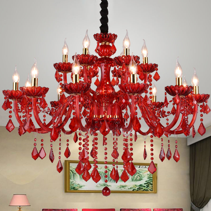 Crystal Candle/Bell Chandelier Lighting Modern 6/18 Lights Red Hanging Pendant with Shade/Shadeless, 23.5"/37.5" Wide Clearhalo 'Ceiling Lights' 'Chandeliers' 'Modern Chandeliers' 'Modern' Lighting' 280484