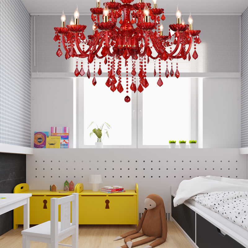 Crystal Candle/Bell Chandelier Lighting Modern 6/18 Lights Red Hanging Pendant with Shade/Shadeless, 23.5"/37.5" Wide Clearhalo 'Ceiling Lights' 'Chandeliers' 'Modern Chandeliers' 'Modern' Lighting' 280485