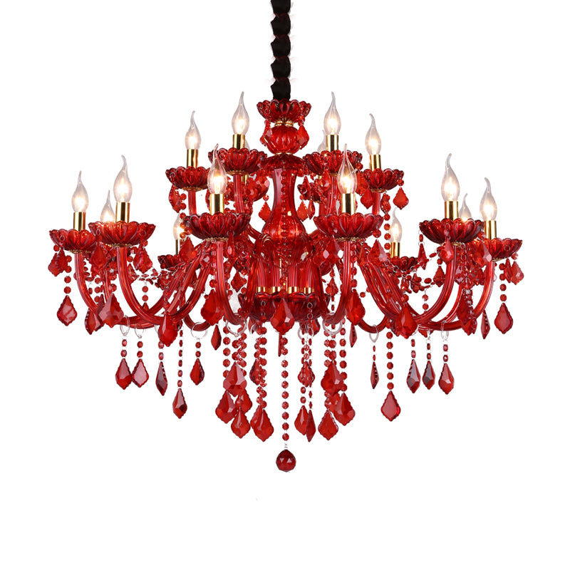 Crystal Candle/Bell Chandelier Lighting Modern 6/18 Lights Red Hanging Pendant with Shade/Shadeless, 23.5"/37.5" Wide Clearhalo 'Ceiling Lights' 'Chandeliers' 'Modern Chandeliers' 'Modern' Lighting' 280486