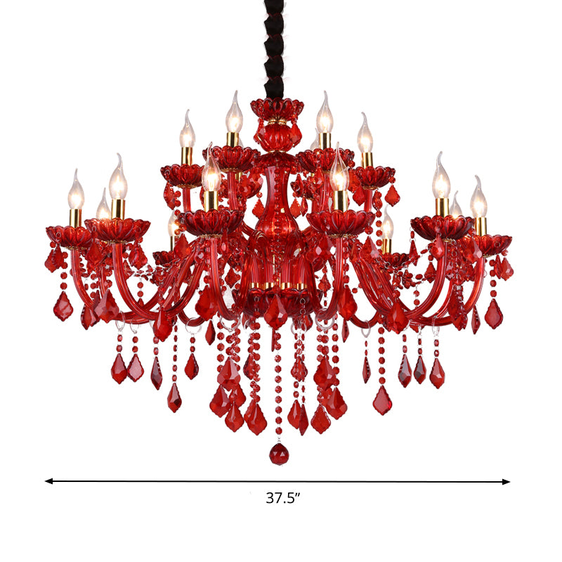 Crystal Candle/Bell Chandelier Lighting Modern 6/18 Lights Red Hanging Pendant with Shade/Shadeless, 23.5"/37.5" Wide Clearhalo 'Ceiling Lights' 'Chandeliers' 'Modern Chandeliers' 'Modern' Lighting' 280487