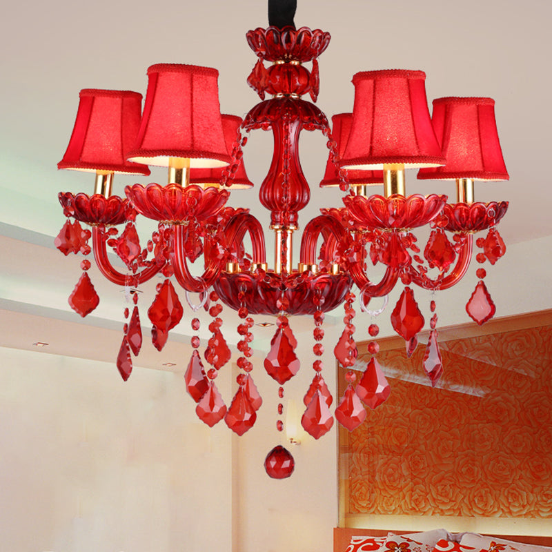 Crystal Candle/Bell Chandelier Lighting Modern 6/18 Lights Red Hanging Pendant with Shade/Shadeless, 23.5"/37.5" Wide Red 23.5" With Shade Clearhalo 'Ceiling Lights' 'Chandeliers' 'Modern Chandeliers' 'Modern' Lighting' 280488