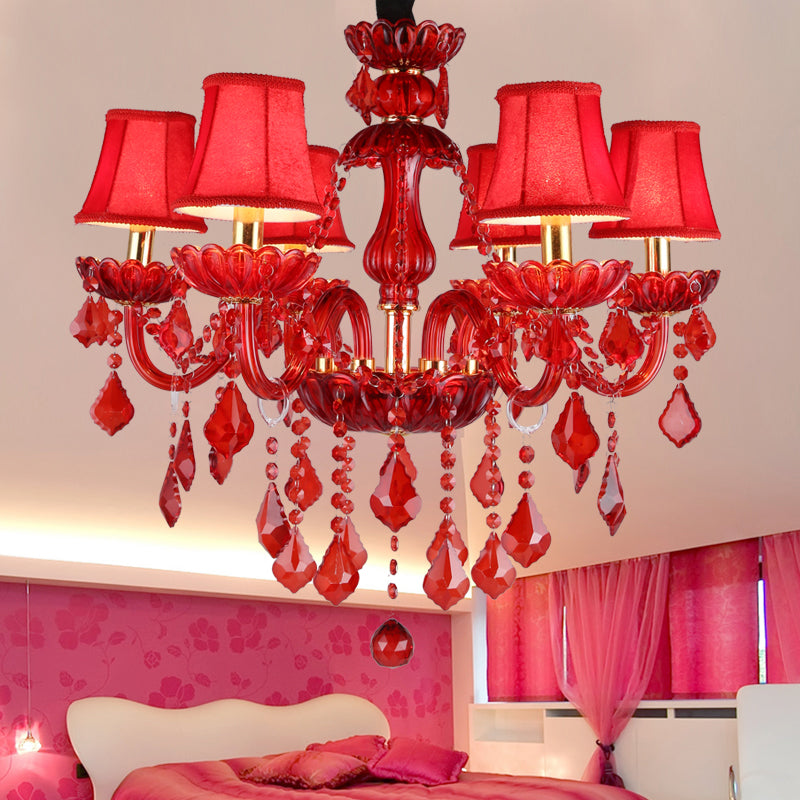 Crystal Candle/Bell Chandelier Lighting Modern 6/18 Lights Red Hanging Pendant with Shade/Shadeless, 23.5"/37.5" Wide Clearhalo 'Ceiling Lights' 'Chandeliers' 'Modern Chandeliers' 'Modern' Lighting' 280489