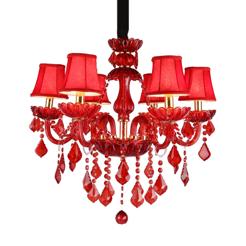 Crystal Candle/Bell Chandelier Lighting Modern 6/18 Lights Red Hanging Pendant with Shade/Shadeless, 23.5"/37.5" Wide Clearhalo 'Ceiling Lights' 'Chandeliers' 'Modern Chandeliers' 'Modern' Lighting' 280490