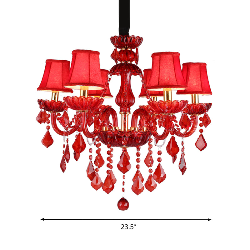Crystal Candle/Bell Chandelier Lighting Modern 6/18 Lights Red Hanging Pendant with Shade/Shadeless, 23.5"/37.5" Wide Clearhalo 'Ceiling Lights' 'Chandeliers' 'Modern Chandeliers' 'Modern' Lighting' 280491