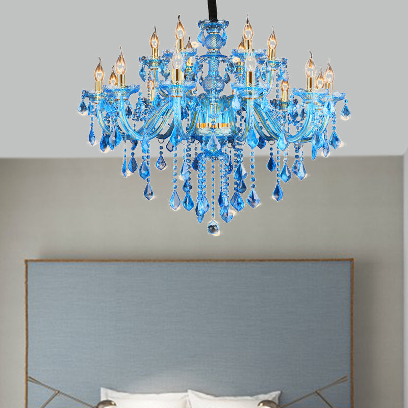 Blue Candelabra/Bell Chandelier Light Modernism 8/18 Heads Beveled Glass Crystal Pendant Lighting with Shade/Shadeless, 28"/37.5" W Blue 37.5" Shadeless Clearhalo 'Ceiling Lights' 'Chandeliers' 'Modern Chandeliers' 'Modern' Lighting' 280497