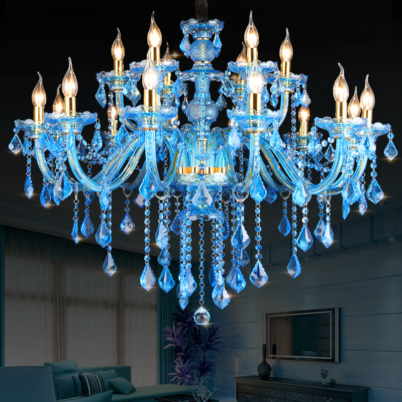 Blue Candelabra/Bell Chandelier Light Modernism 8/18 Heads Beveled Glass Crystal Pendant Lighting with Shade/Shadeless, 28"/37.5" W Clearhalo 'Ceiling Lights' 'Chandeliers' 'Modern Chandeliers' 'Modern' Lighting' 280498
