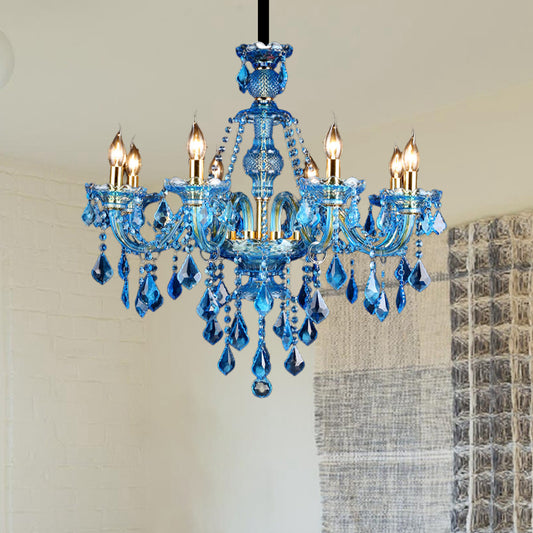 Blue Candelabra/Bell Chandelier Light Modernism 8/18 Heads Beveled Glass Crystal Pendant Lighting with Shade/Shadeless, 28"/37.5" W Blue 28" Shadeless Clearhalo 'Ceiling Lights' 'Chandeliers' 'Modern Chandeliers' 'Modern' Lighting' 280503