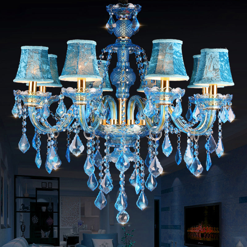Blue Candelabra/Bell Chandelier Light Modernism 8/18 Heads Beveled Glass Crystal Pendant Lighting with Shade/Shadeless, 28"/37.5" W Blue 28" With Shade Clearhalo 'Ceiling Lights' 'Chandeliers' 'Modern Chandeliers' 'Modern' Lighting' 280508