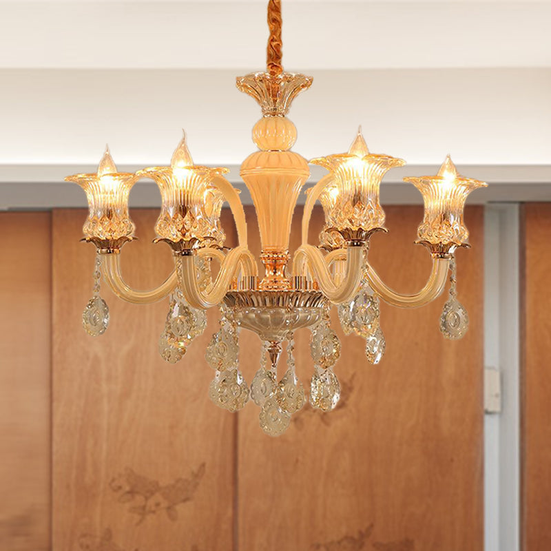 Gold Flower Chandelier Pendant Light Traditional 6/10 Heads Clear K9 Crystal Hanging Lamp for Living Room, 29.5"/35.5" W Clearhalo 'Ceiling Lights' 'Chandeliers' Lighting' options 280564