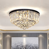 Drum Flush Mount Light Contemporary Tri-Sided Crystal Rod 4/6/9 Heads Black Ceiling Light Fixture, 14"/18"/23.5" Wide Black Clearhalo 'Ceiling Lights' 'Close To Ceiling Lights' 'Close to ceiling' 'Flush mount' Lighting' 280586